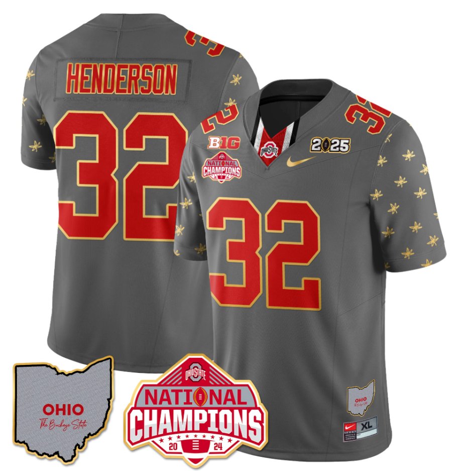 Men's Treveyon Henderson Jersey #32 Ohio State National Champions 2025 Patch Gray