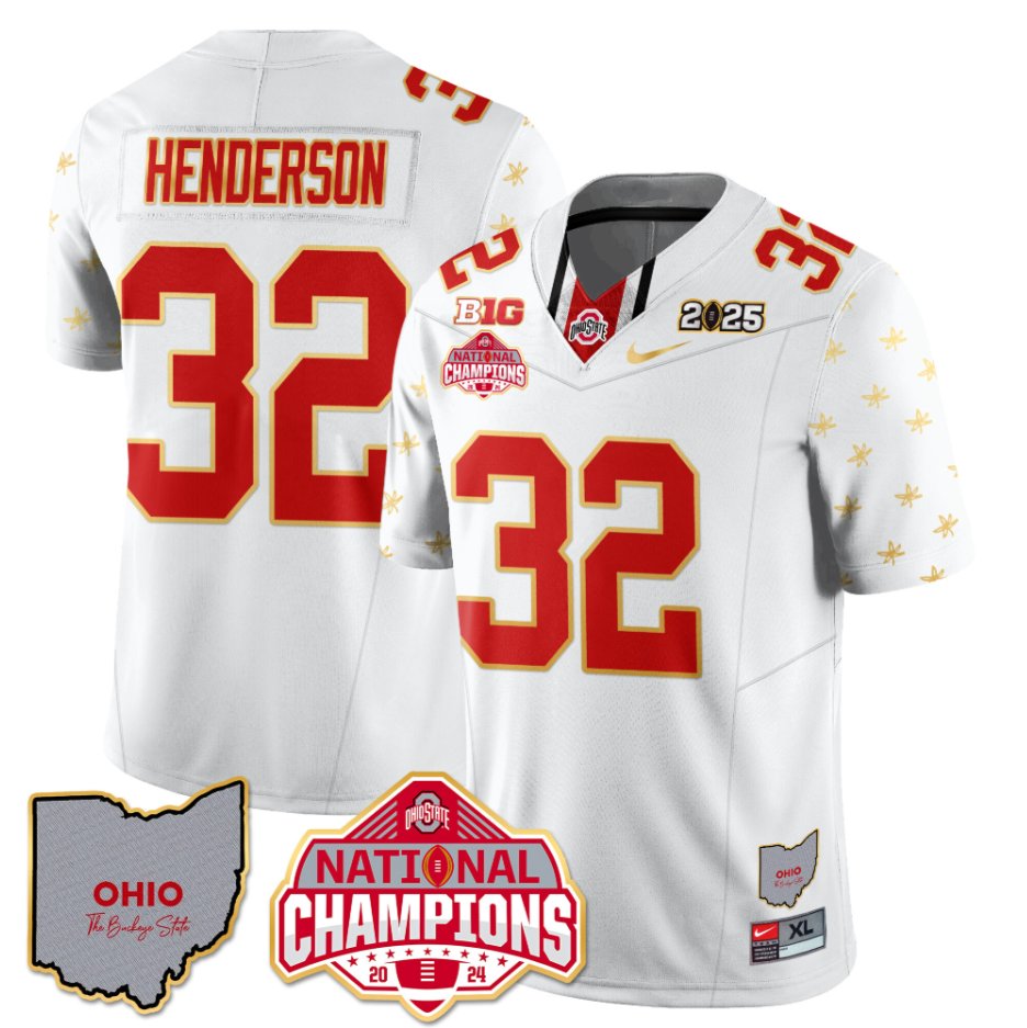 Men's Treveyon Henderson Jersey #32 Ohio National Champions 2025 Patch White Limited