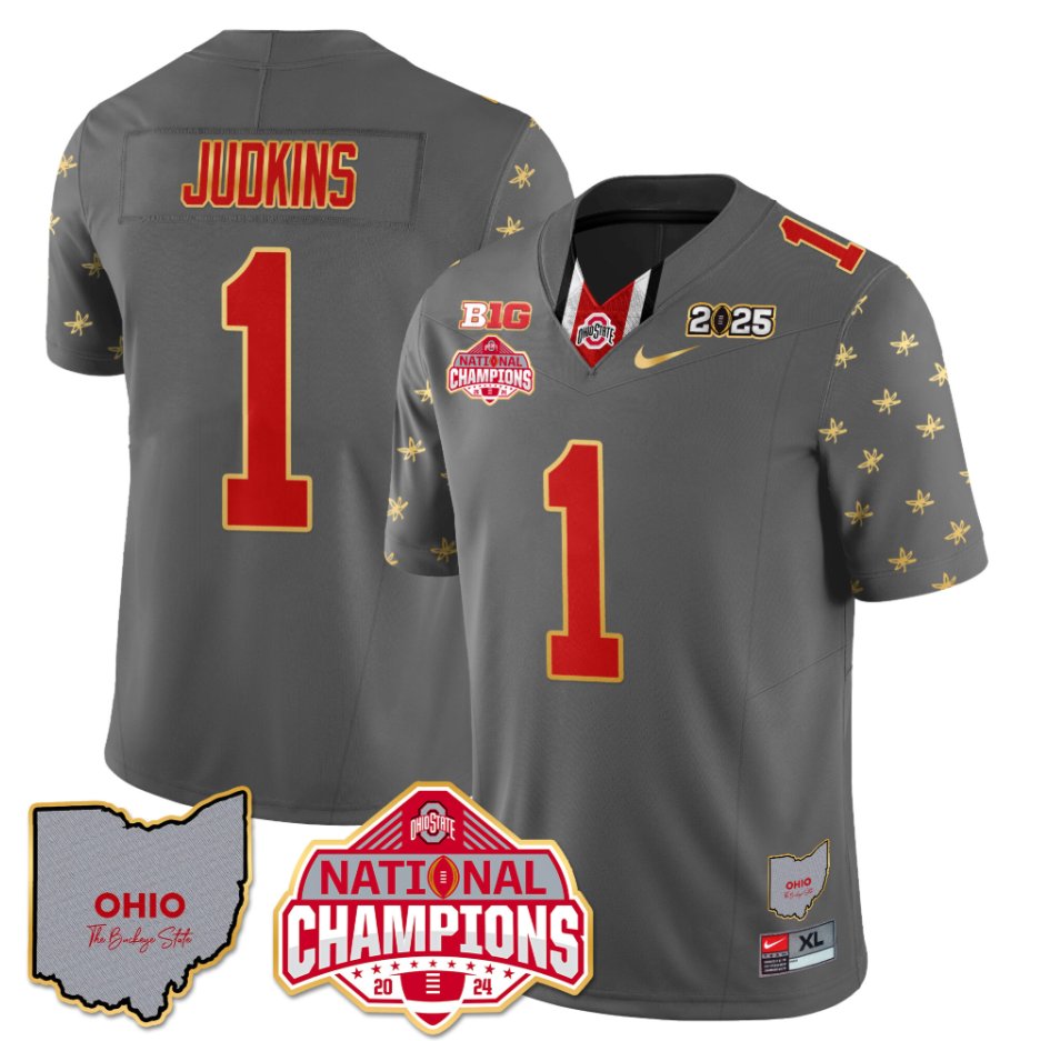 Men's Quinshon Judkins Jersey #1 Ohio State National Champions 2025 Patch Gray