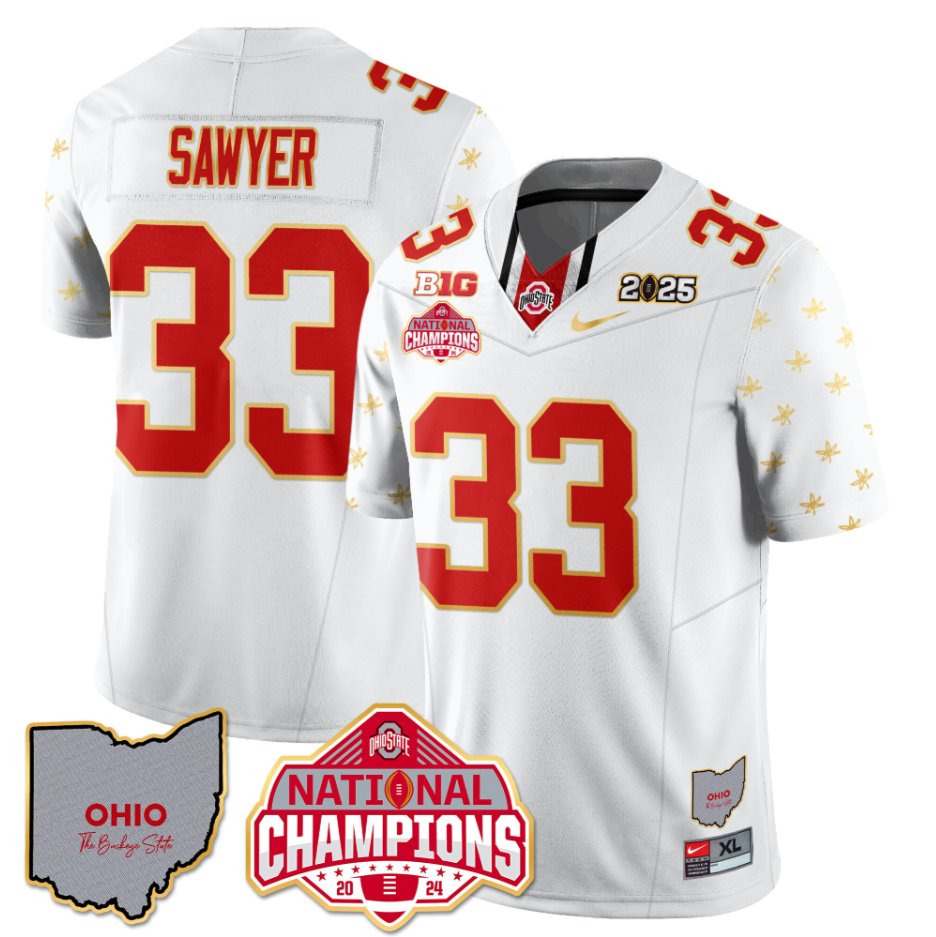 Men's Jack Sawyer Jersey #33 Ohio State National Champions 2025 Patch White Limited