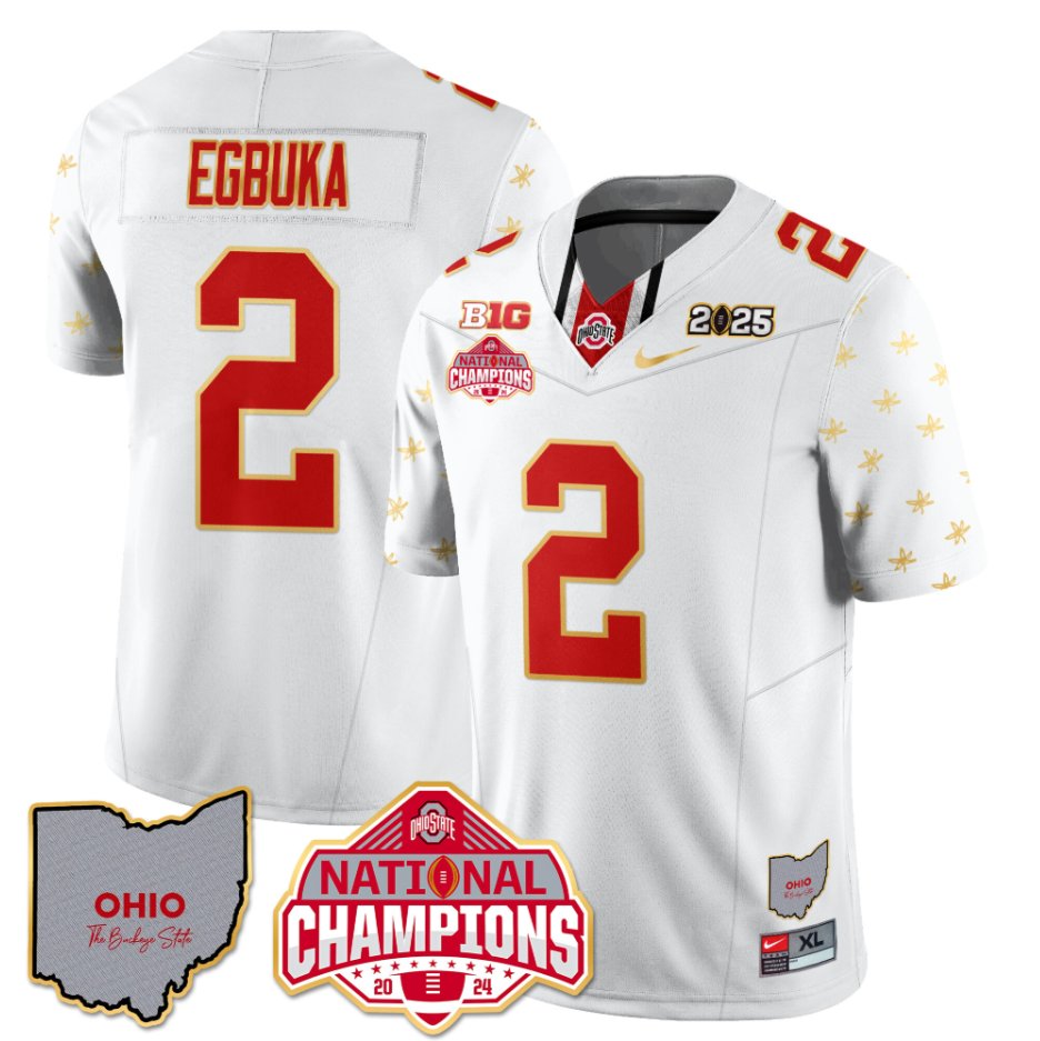 Men's Emeka Egbuka Jersey #2 Ohio State National Champions 2025 Patch White Limited