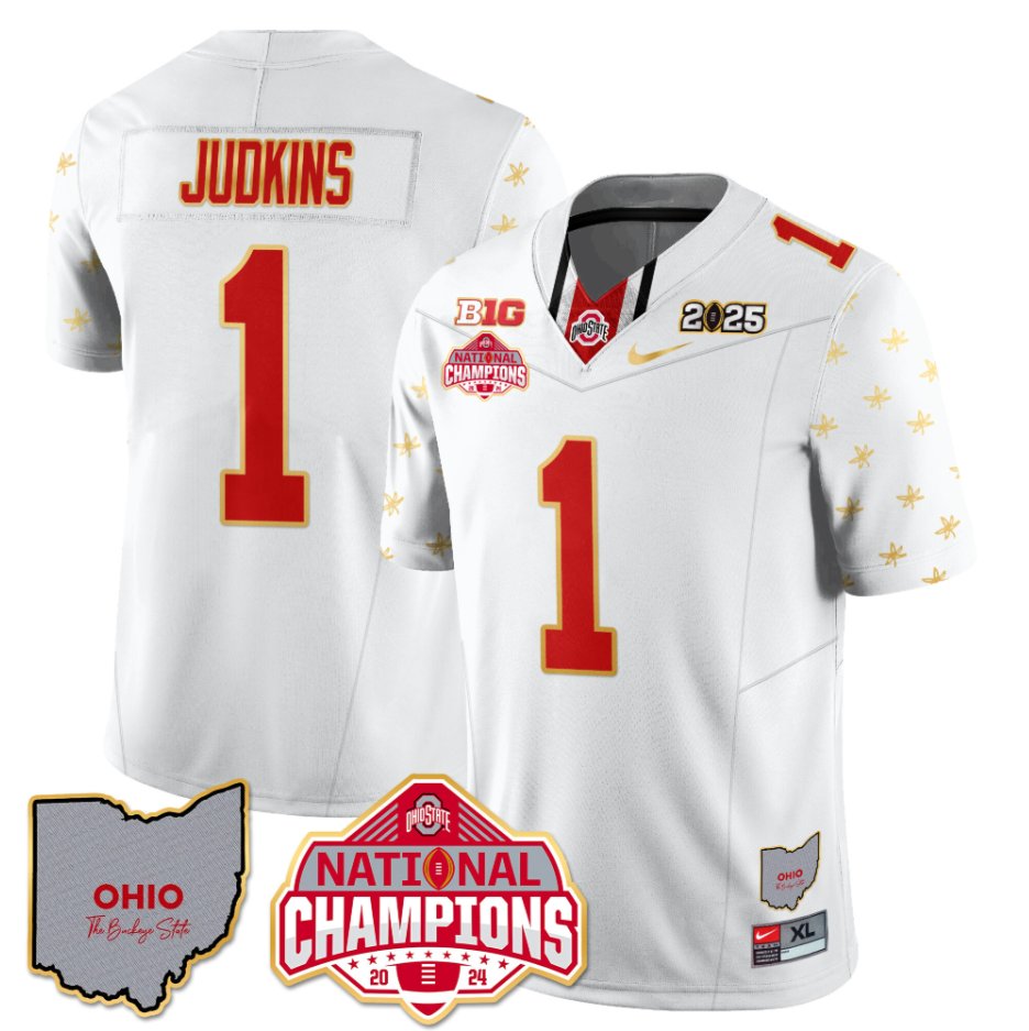 Men's Quinshon Judkins Jersey #1 Ohio State National Champions 2025 Patch White Limited