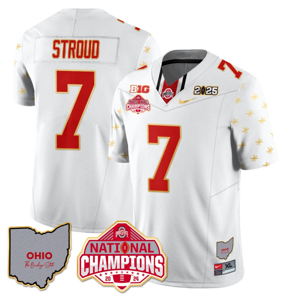 Men's C J Stroud Jersey #7 Ohio State National Champions 2025 Patch White Limited