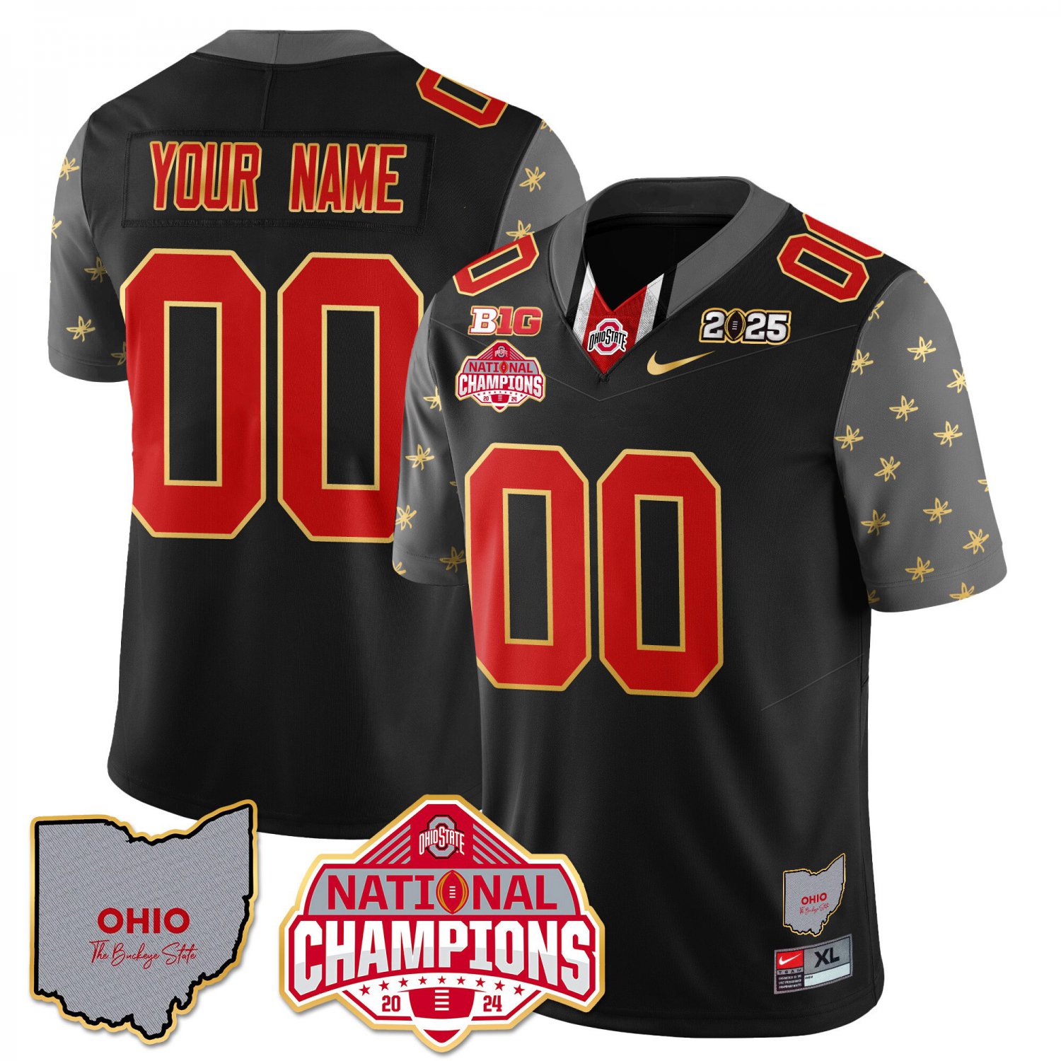 Custom Ohio State Jersey Limited Gold 2024 National Champions Patch Black