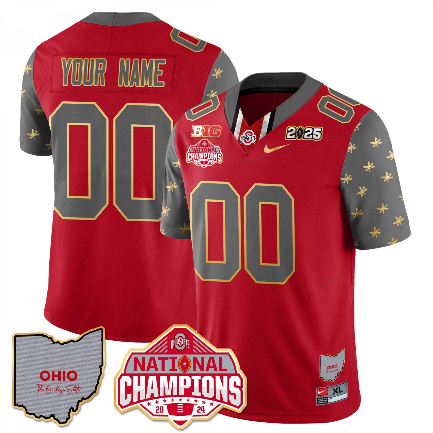 Custom Ohio State Jersey Limited Gold 2024 National Champions Patch Red