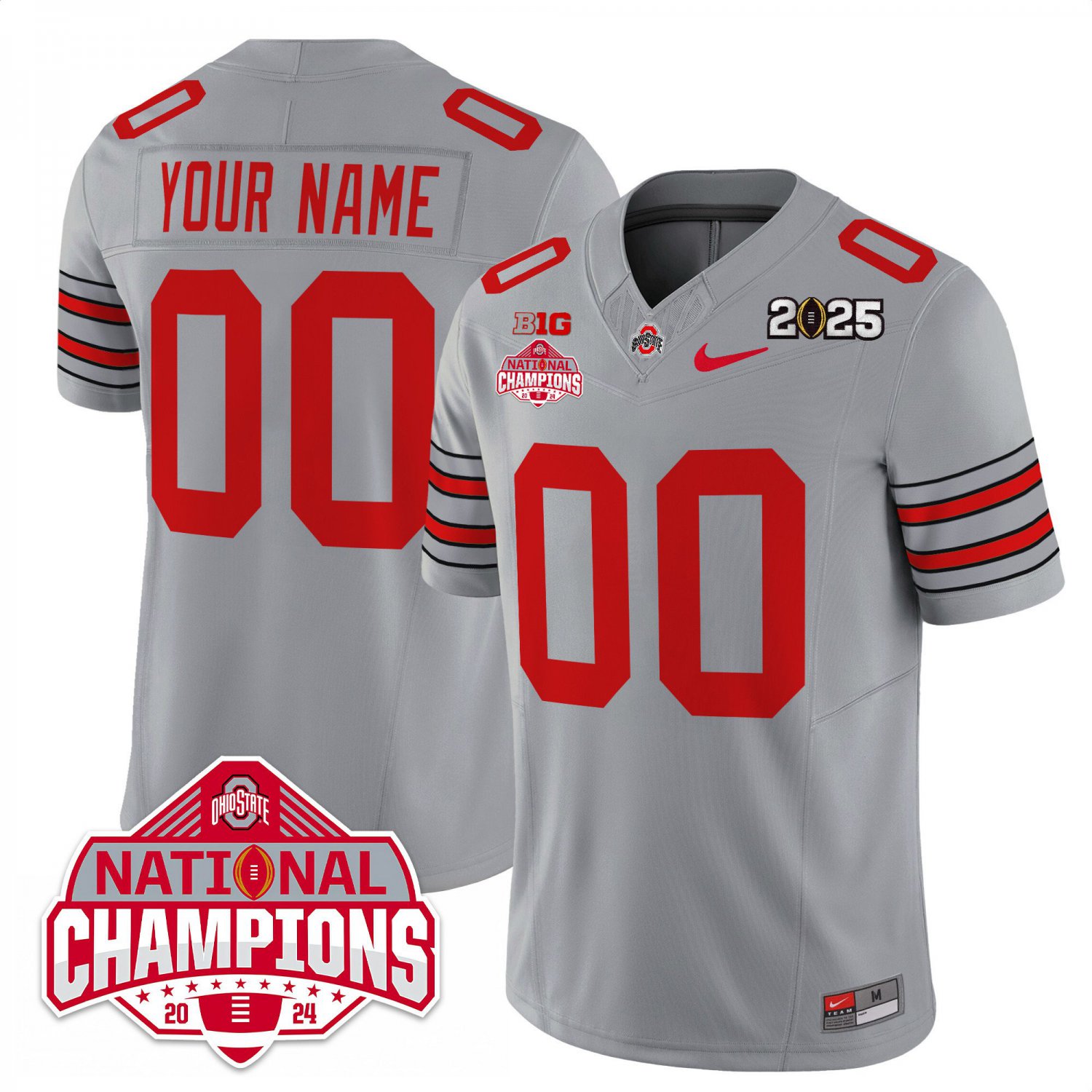 Custom Ohio State Jersey Heritage Stripe 2025 CFP Patch National Champions Gray