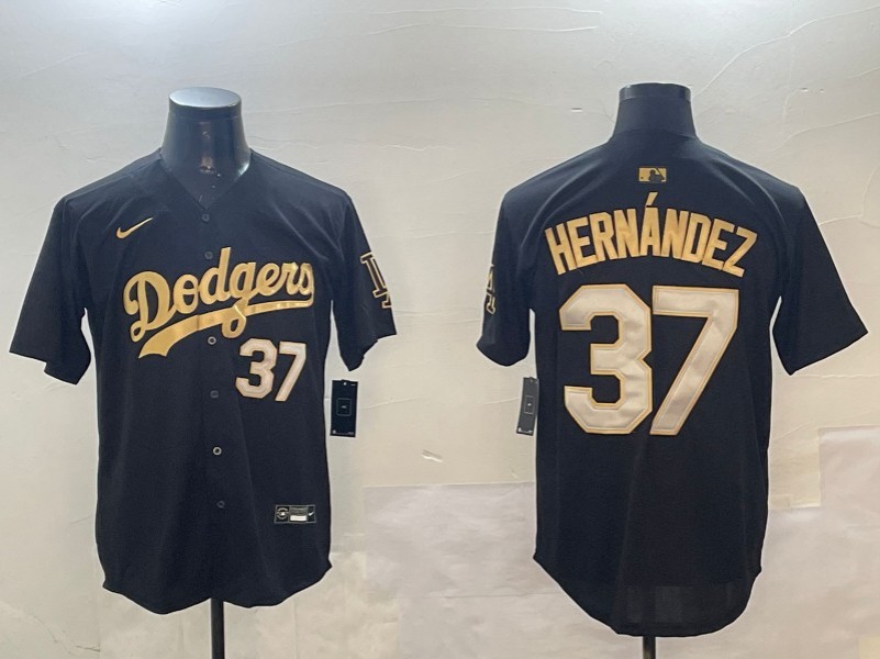 Men's Los Angeles Dodgers #37 Teoscar Hernandez Number Black Gold Limited Stitched Baseball Jersey