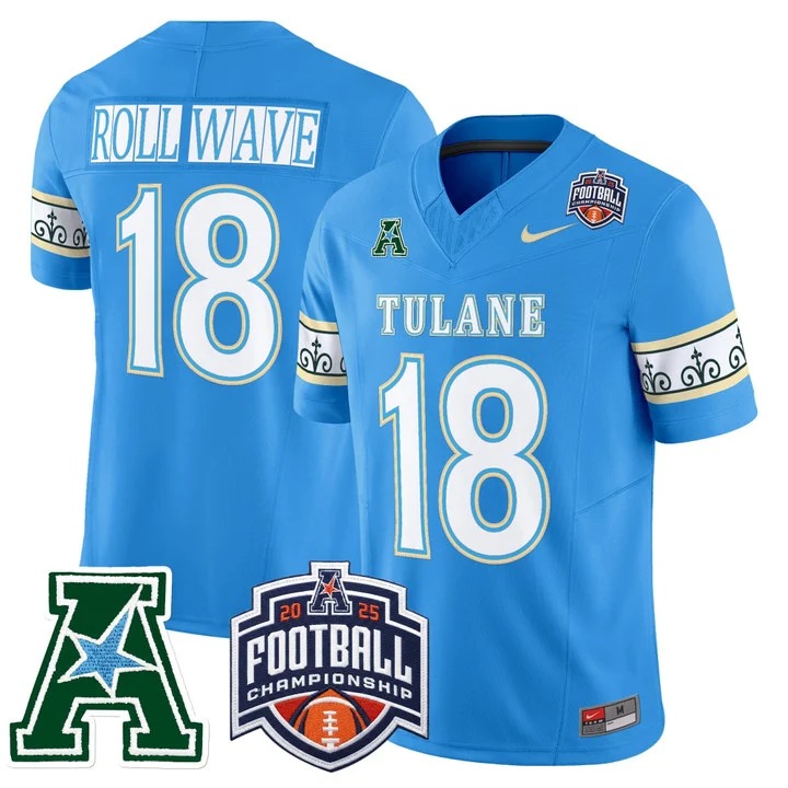 Men's & Women's & Youth Tulane Green Wave #18 ROLL WAVE 'City Edition' 2025 AAC Championship Patch F.U.S.E. Vapor Limited Stitched football Jersey Blue