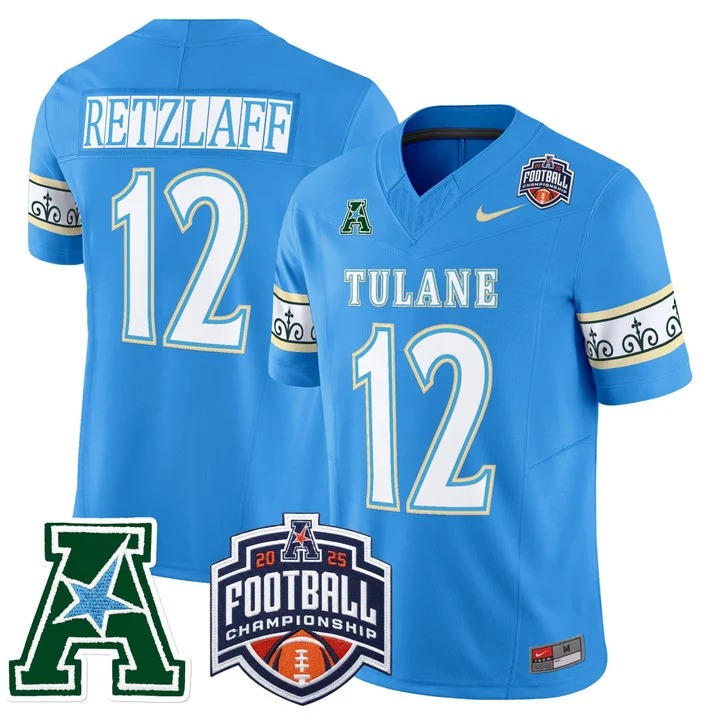 Men's & Women's & Youth Tulane Green Wave #12 Jake Retzlaff 'City Edition' 2025 AAC Championship Patch F.U.S.E. Vapor Limited Stitched football Jersey Blue