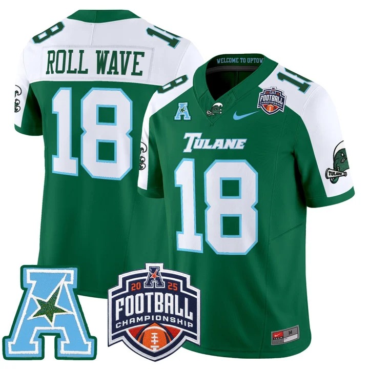 Men's & Women's & Youth Tulane Green Wave #18 ROLL WAVE 2025 AAC Championship F.U.S.E. Vapor Limited Stitched football Jersey Green Alternate