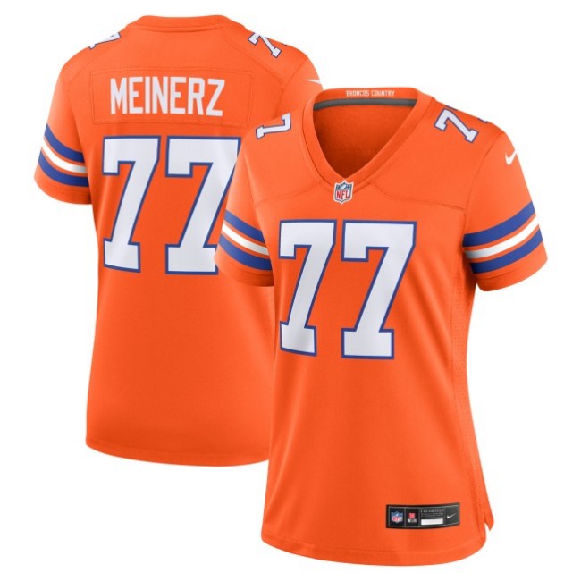 Women's Denver Broncos #77 Quinn Meinerz Orange Nike Mile High Collection 1977 Throwback Player Stitched Game Jersey