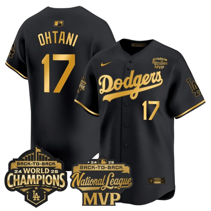 Men's & Women's & Youth Los Angeles Dodgers #17 Shohei Ohtani Back-To-Back World Series Champions MVP Stitched Limited Jersey Black Gold