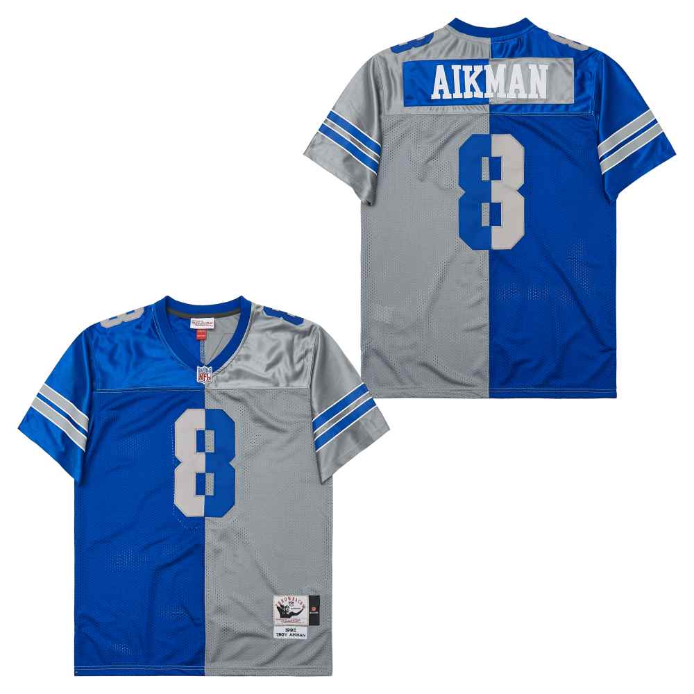 Men's Dallas Cowboys #8 Troy Aikman Blue Gray Split 1992 Throwback Jersey
