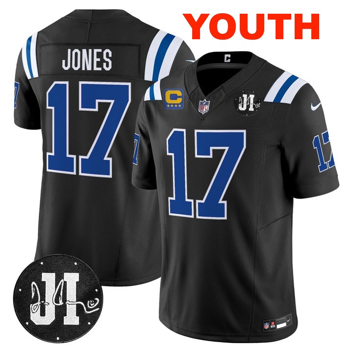Youth Indianapolis Colts #17 Daniel Jones Black 2025 Jim Irsay & 4-star C Patch Vapor F.U.S.E. Stitched Limited Jersey