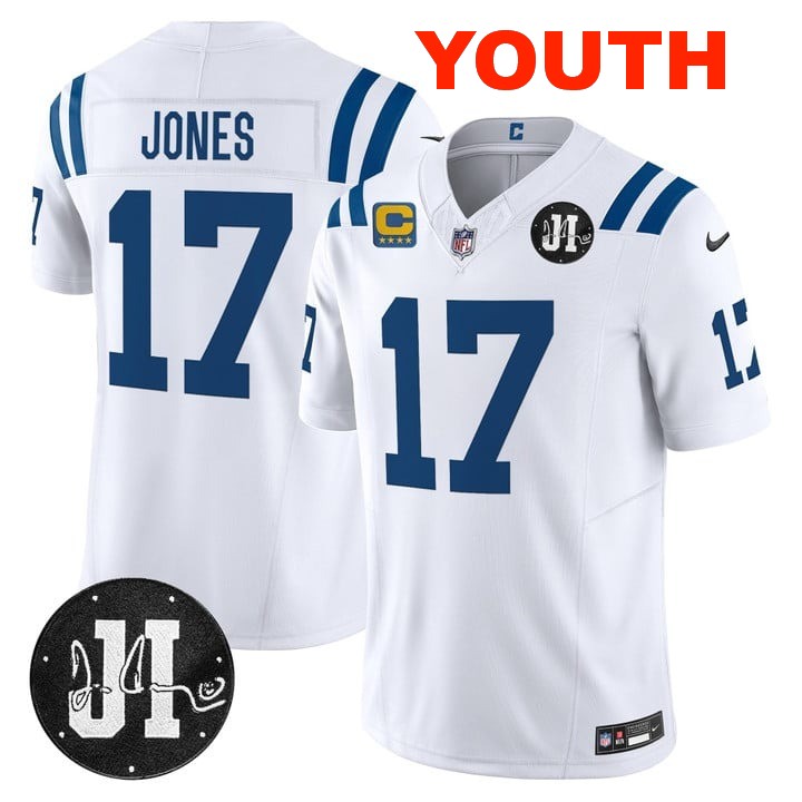Youth Indianapolis Colts #17 Daniel Jones White 2025 Jim Irsay & 4-star C Patch Vapor F.U.S.E. Stitched Limited Jersey