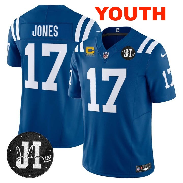 Youth Indianapolis Colts #17 Daniel Jones Royal 2025 Jim Irsay & 4-star C Patch Vapor F.U.S.E. Stitched Limited Jersey