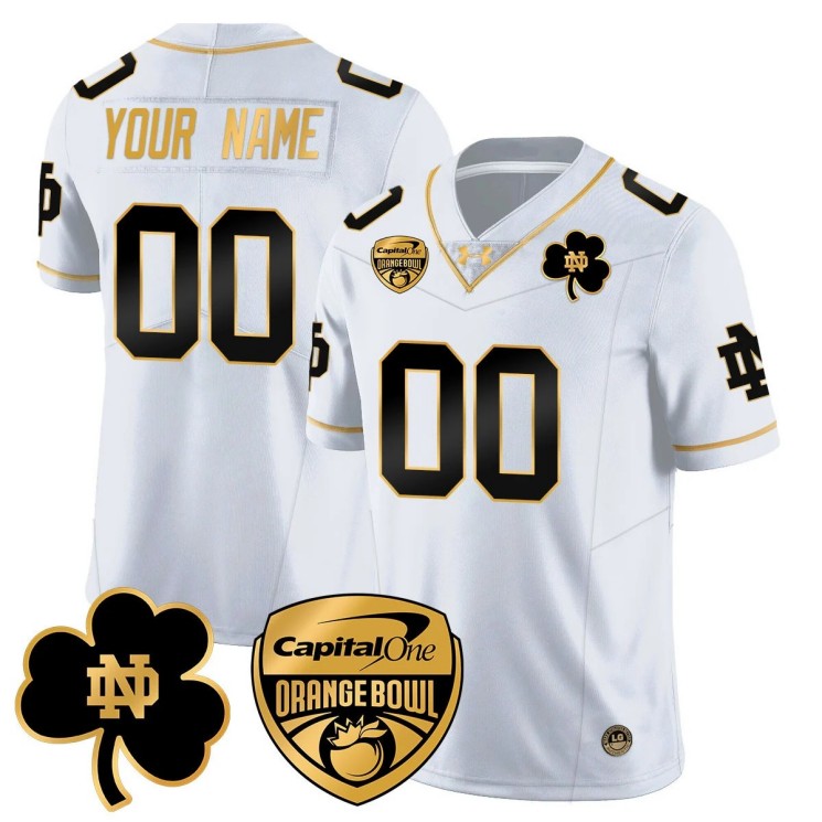 Custom Notre Dame Fighting Irish 2025 Orange Bowl Gender Name Number Stitched Jersey White Gold