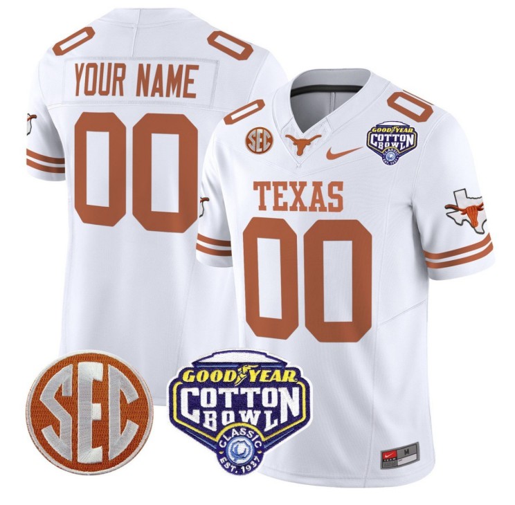 Custom Texas Longhorns Jersey Gender Name Number Cotton Bowl Patch Stitched White