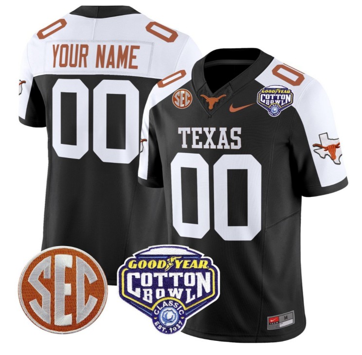 Custom Texas Longhorns Jersey Gender Name Number Cotton Bowl Patch Stitched Black Alternate