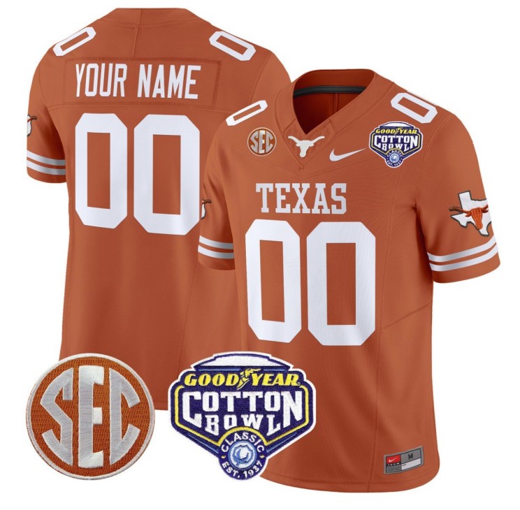 Custom Texas Longhorns Jersey Gender Name Number Cotton Bowl Patch Stitched Texas Orange
