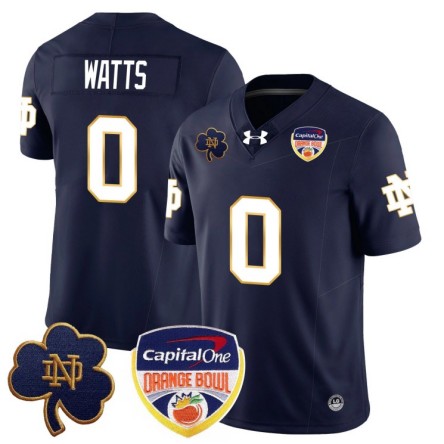 Men's Notre Dame Fighting Irish #0 Xavier Watts 2025 Orange Bowl Stitched Jersey Navy