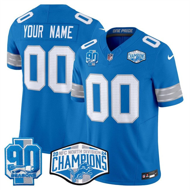 Detroit Lions Active Player Custom Blue 2024 NFC North Champions 90th Anniversary Patch F.U.S.E. Vapor Limited Stitched Jersey
