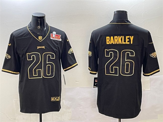 Men's Philadelphia Eagles #26 Saquon Barkley Black_Gold 2025 Super Bowl LIX Patch Salute To Service Vapor Untouchable Limited Stitched Football Jersey