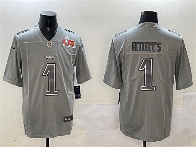 Men's Philadelphia Eagles #1 Jalen Hurts Grey 2025 Super Bowl LIX Patch Atmosphere Fashion Vapor Untouchable Limited Stitched Football Jersey