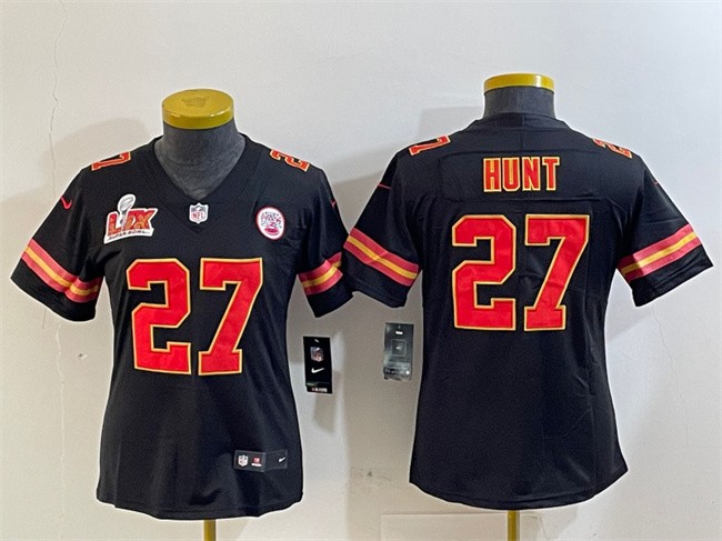 Women's Kansas City Chiefs #27 Kareem Hunt Black 2025 Super Bowl LIX Patch Vapor Untouchable Limited Stitched Football Jersey(Run Small)