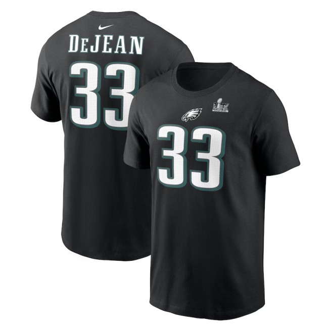 Men's Nike Cooper DeJean Black Philadelphia Eagles Super Bowl LIX Patch Name & Number T-Shirt