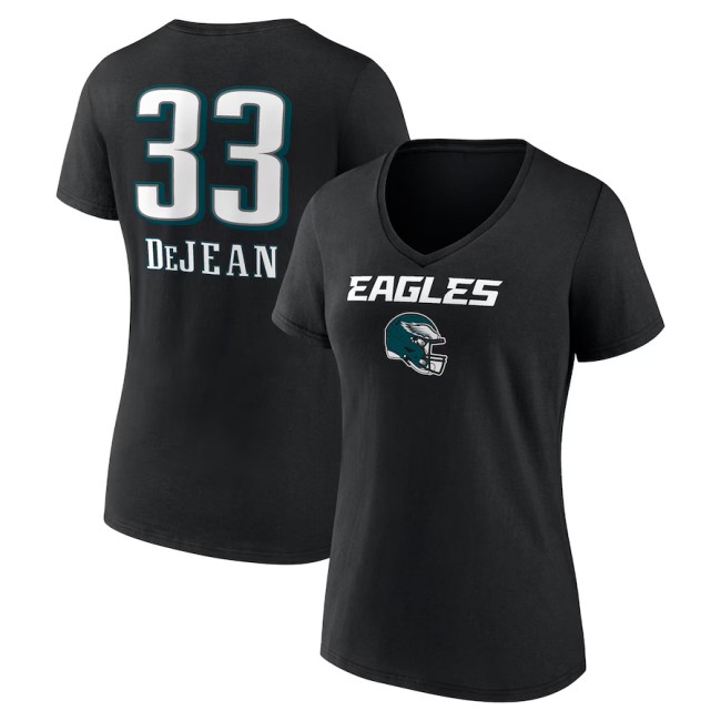Women's Cooper DeJean Black Philadelphia Eagles Team Wordmark Name & Number V-Neck T-Shirt