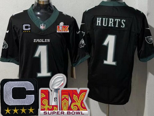 Men's Philadelphia Eagles #1 Jalen Hurts Nike Limited Black C Patch Super Bowl LIX FUSE Vapor NFL Stitched Jersey