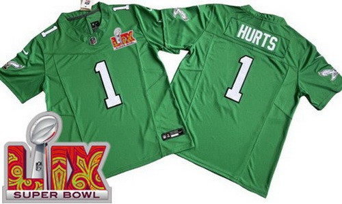 Men's Philadelphia Eagles #1 Jalen Hurts Nike Limited Kelly Green Super Bowl LIX FUSE Vapor NFL Stitched Jersey