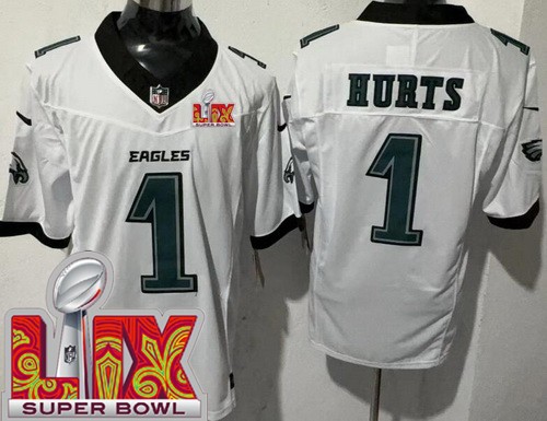 Men's Philadelphia Eagles #1 Jalen Hurts Nike Limited White Super Bowl LIX FUSE Vapor NFL Stitched Jersey