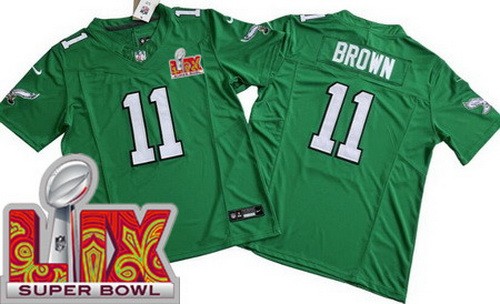 Men's Philadelphia Eagles #11 AJ Brown Nike Limited Kelly Green Super Bowl LIX FUSE Vapor NFL Stitched Jersey