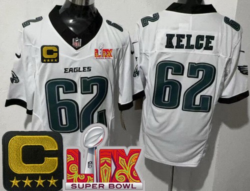 Men's Philadelphia Eagles #62 Jason Kelce Nike Limited White C Patch Super Bowl LIX FUSE Vapor NFL Stitched Jersey