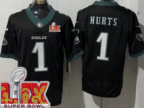 Men's Philadelphia Eagles #1 Jalen Hurts Nike Limited Black Super Bowl LIX FUSE Vapor NFL Stitched Jersey