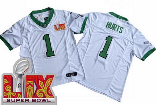 Men's Philadelphia Eagles #1 Jalen Hurts Nike Limited White Alternate Super Bowl LIX FUSE Vapor NFL Stitched Jersey
