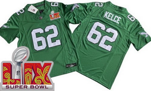 Men's Philadelphia Eagles #62 Jason Kelce Nike Limited Kelly Green Super Bowl LIX FUSE Vapor NFL Stitched Jersey