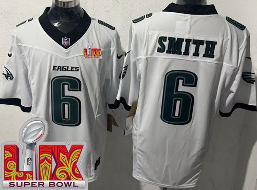 Men's Philadelphia Eagles #6 DeVonta Smith Nike Limited White Super Bowl LIX FUSE Vapor NFL Stitched Jersey