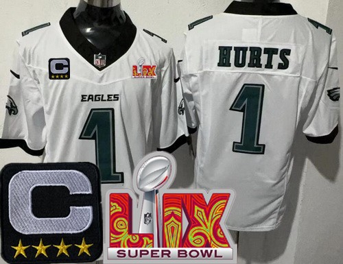 Men's Philadelphia Eagles #1 Jalen Hurts Nike Limited White C Patch Super Bowl LIX FUSE Vapor NFL Stitched Jersey