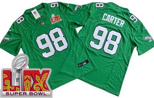 Men's Philadelphia Eagles #98 Jalen Carter Nike Limited Kelly Green Super Bowl LIX FUSE Vapor NFL Stitched Jersey