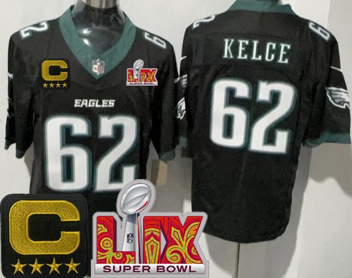 Men's Philadelphia Eagles #62 Jason Kelce Nike Limited Black C Patch Super Bowl LIX FUSE Vapor NFL Stitched Jersey