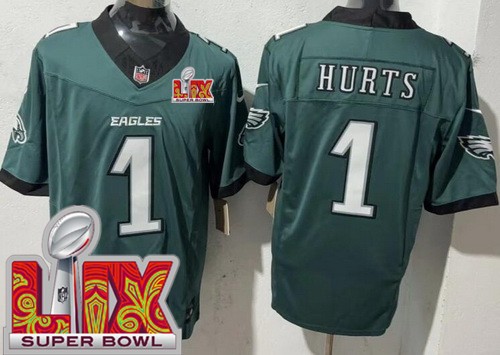 Men's Philadelphia Eagles #1 Jalen Hurts Nike Limited Midnight Green Super Bowl LIX FUSE Vapor NFL Stitched Jersey