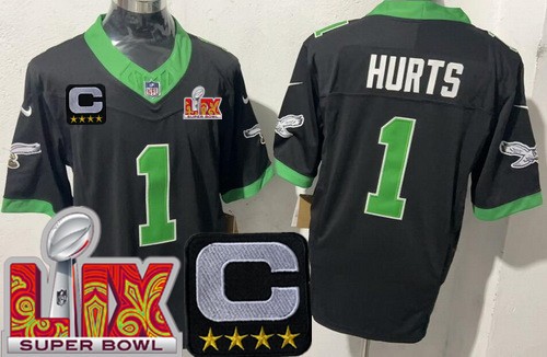 Men's Philadelphia Eagles #1 Jalen Hurts Nike Limited Black Alternate C Patch Super Bowl LIX FUSE Vapor NFL Stitched Jersey
