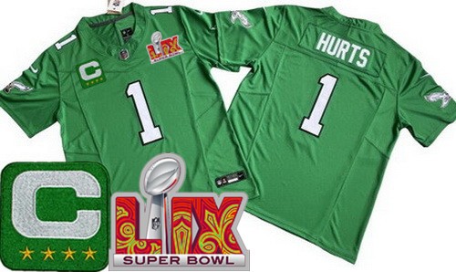 Men's Philadelphia Eagles #1 Jalen Hurts Nike Limited Kelly Green C Patch Super Bowl LIX FUSE Vapor NFL Stitched Jersey