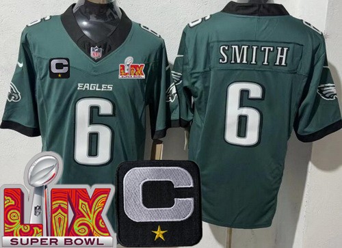 Men's Philadelphia Eagles #6 DeVonta Smith Nike Limited Midnight Green C Patch Super Bowl LIX FUSE Vapor NFL Stitched Jersey