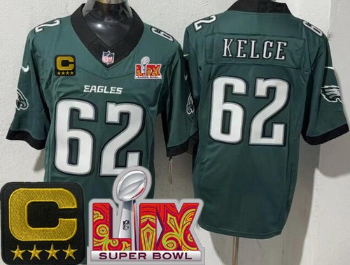 Men's Philadelphia Eagles #62 Jason Kelce Nike Limited Midnight Green C Patch Super Bowl LIX FUSE Vapor NFL Stitched Jersey