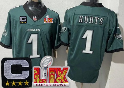 Men's Philadelphia Eagles #1 Jalen Hurts Nike Limited Midnight Green C Patch Super Bowl LIX FUSE Vapor NFL Stitched Jersey