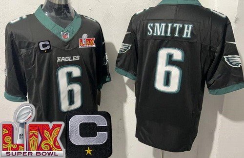 Men's Philadelphia Eagles #6 DeVonta Smith Nike Limited Black C Patch Super Bowl LIX FUSE Vapor NFL Stitched Jersey